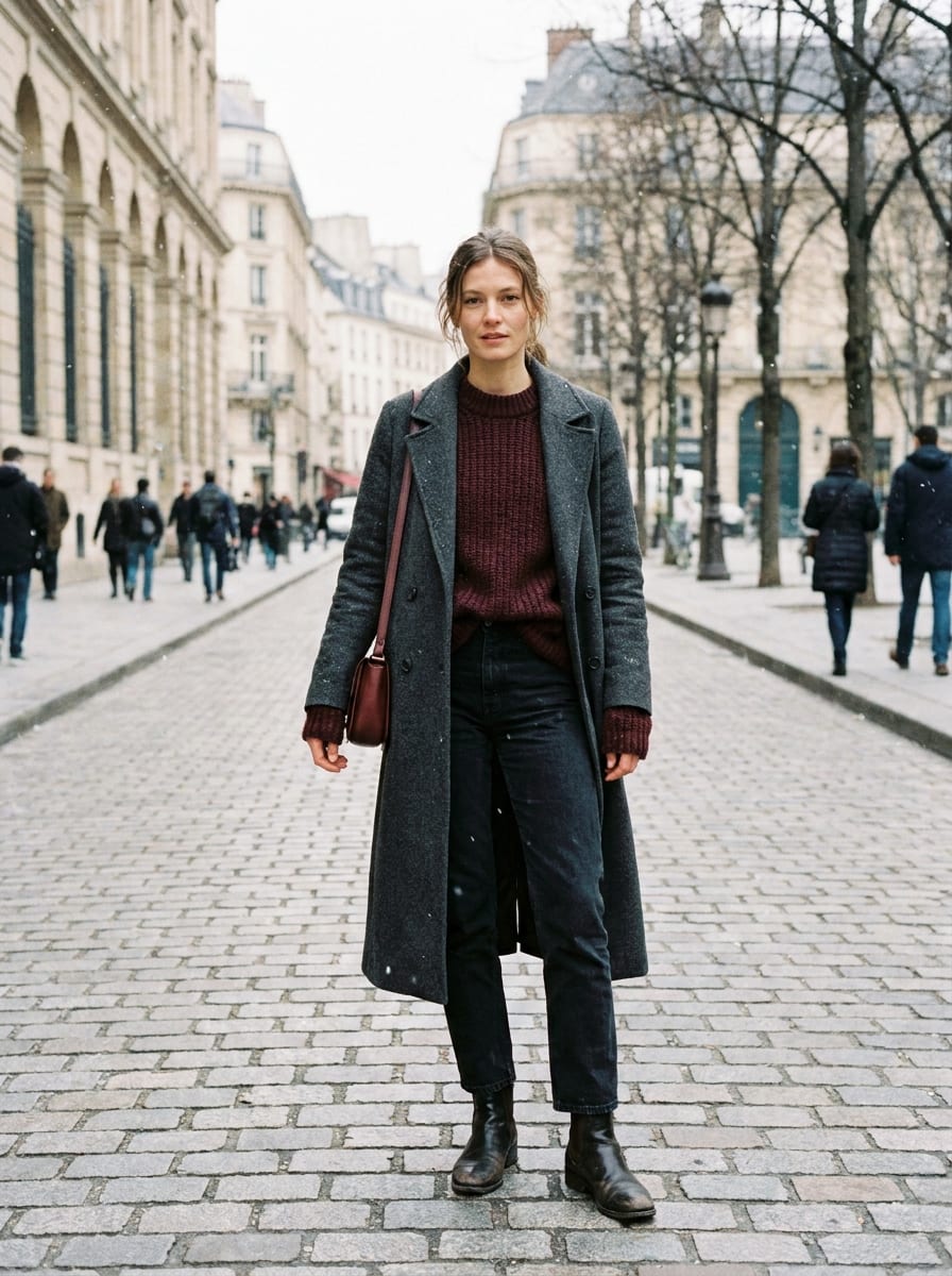 Grauer Mantel mit Bordeaux-Akzenten - Winter Outfit Damen 2026